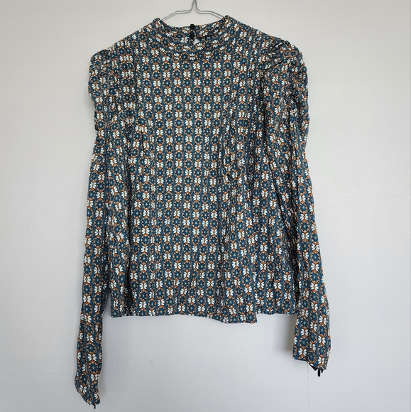 Zara Tops - Zara Longsleeve Blouse Shirt Blue Tan Pattern